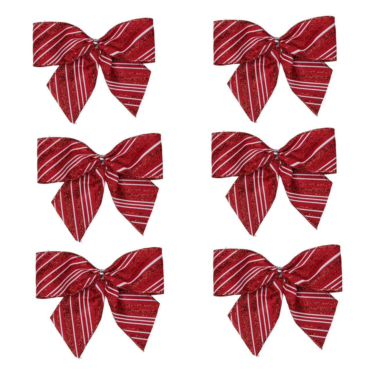 Northlight Glitter Striped 2-Loop Christmas Bow Decorations - 5.5" - Red - Pack of 6